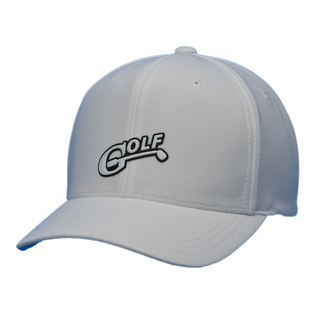 The 1i Golf logo is proudly displayed on a white Flexfit 110® Cool &amp; Dry Mini Pique cap.